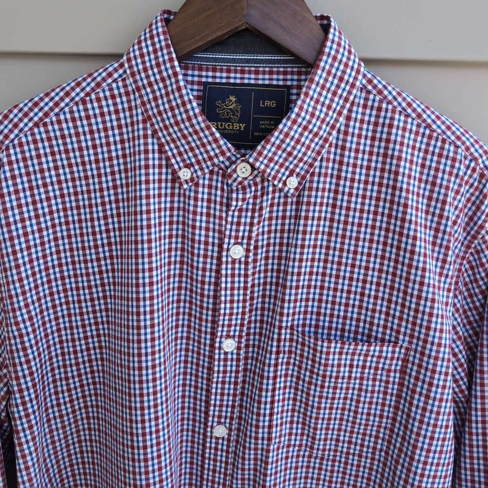 Rugby University Gingham Shirt Mens Large Red Plaid Button Down Cotton